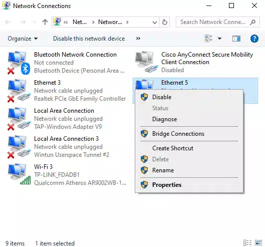 کلیک روی گزینه اترنت و ورود به بخش تنظیمات